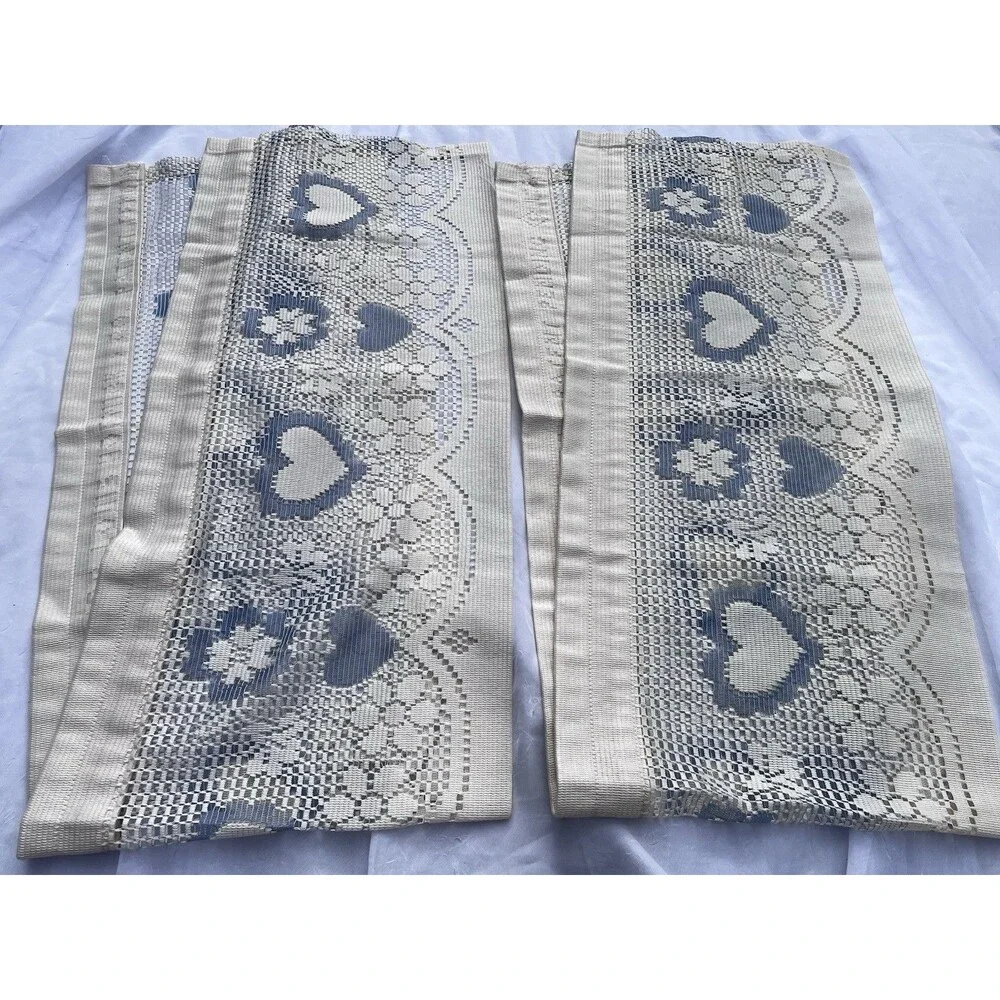 Vintage Louis Hornick 1983 Blue Heart Floral Lace Sidelight Curtain Panels 12x58